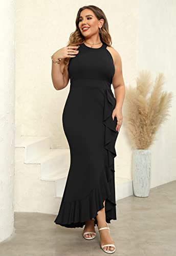 Keluummi Plus Size Formal Wedding Guest Long Dresses for Curvy Women, Halter Neck Empire Waist Mermaid Maxi Cocktail Gown3