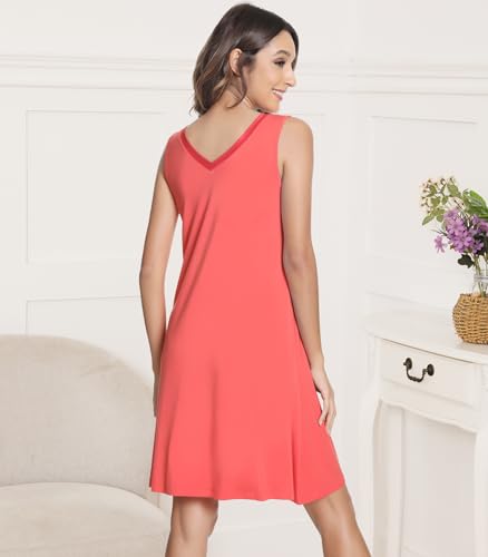 Image of NACHILA Nightgowns for Women-Viscose Made from Bamboo V Neck Nightshirts | Sleeveless Sleep Dress,Satin Sleepshirts,Anti-pilling nightshirt,Moisture-wicking Sleepwear for night sweats,Cooling,OEKOTAX