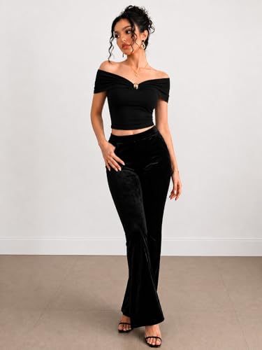 Image of TIVANTE Off-Shoulder Top for Women Stylish, Ruched V Neck Tops for Woman with Gold-Tone Metal Buckle Detail || Fitted Tops for Woman