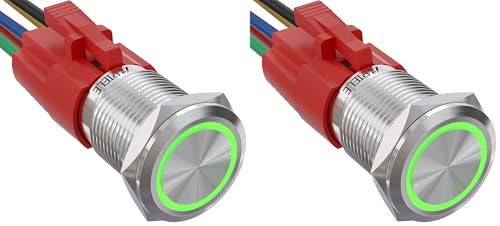 Image of APIELE 16mm Latching Push Button Switch 12VDC On Off Stainless Steel with LED Angel Eye Head for 0.63 inch Mounting Hole with Wire Socket Plug Self-Locking(Green) (Pack of 2)