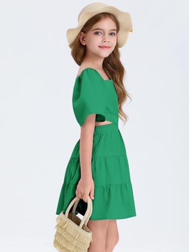 Batermoon Girls Summer Dress Square Neck Short Sleeve Crossover Waist Casual A-Line Mini Dress Green thumb #3