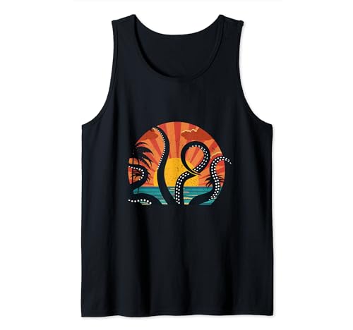 Pulpo gigante calamar hermoso atardecer divertido retro Halloween Camiseta sin Mangas