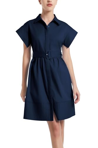 D-Sun Women Casual Button Down Shirt Dress V-Neck Short Sleeves Mini Shirt Dress Belted Short Party with Pockets