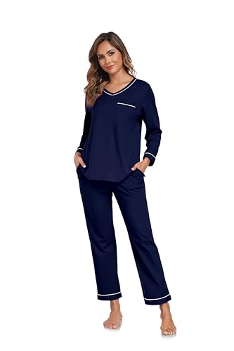 Image of COLORFULLEAF 100% Cotton Pajama Set for Women Long Sleeve Sleepwear with Pants Soft Comfy Two-Piece Pjs with Pockets