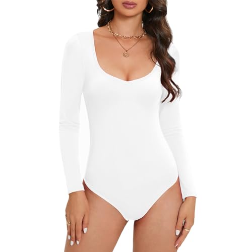 Durio Body Damen Elegant Body Langarm V-Ausschnitt Bodysuit Women Sexy Schlankmachender Oberteil Weiß S