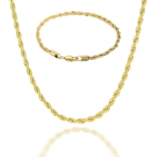 ALANETA Collar Cordon de 60cm para Hombres Cadena de Acero Inoxidable bañada en oro 18k. Hecha a Mano. Regalo para Él. Joyería para Hombres (Oro 3/5mm) (Collar/Cordón + Pulsera 3mm)