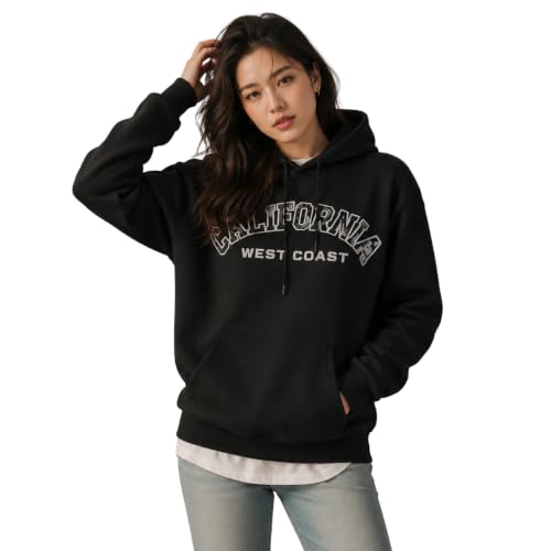 Image of Women's Fleece Hoodie Sweatshirt | California West Coast Graphic Print | Long Sleeve Hooded Pullover with Kangaroo Pocket | Casual Winter Oversized Hoodie