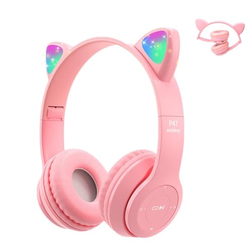 Megadream Kids Headphones with Mic Bluetooth Over Ear Headphones Cat Ear LED Light Child Headset Wireless TF Card 3.5mm Audio Foldable Earphones for Girls Gift - Pink