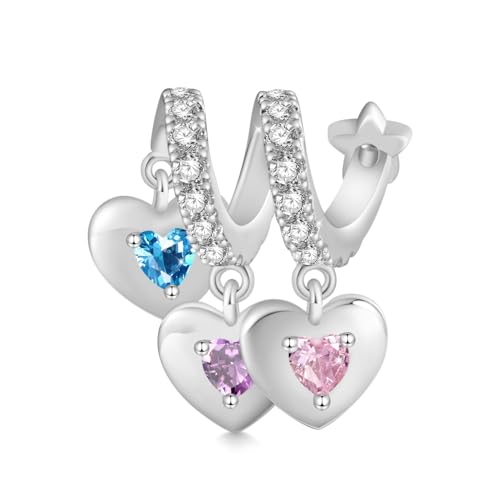 GNOCE Customized Engravable Three Hearts Family Birthstone Pendant Dangle Charm, S925 Sterling Silver Personalised Pendant Necklace Jewelry Gift for Women