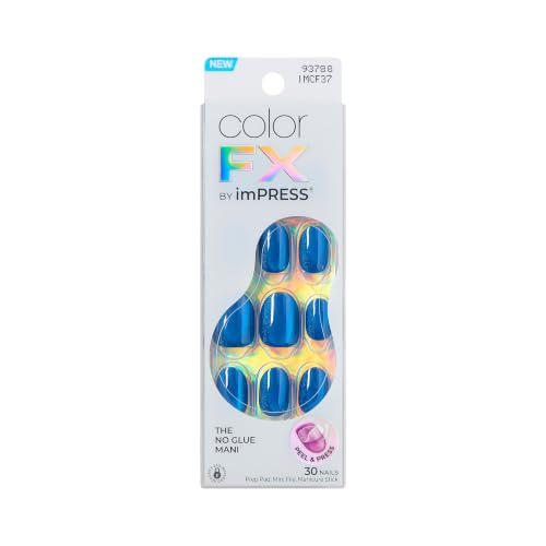 Kiss colorFX by Impress Press On Nails Reconnect 30 No Glue Peel and Stick Nails Kit with IMPROVED Adhesive Blue Short Oval Pearlescent Effect Includes Prep Pad Manicure Stick & Mini File