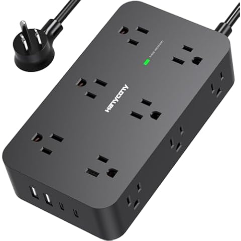 Power Strip Surge Protector with 12 Outlets 4 USB Ports(2 USB C), Black Flat Extension Cord 6 Feet, 1800J, Wall Mount, Desk Charging Station for Office Home College Dorm Room Essentials, ETL Listed Cover