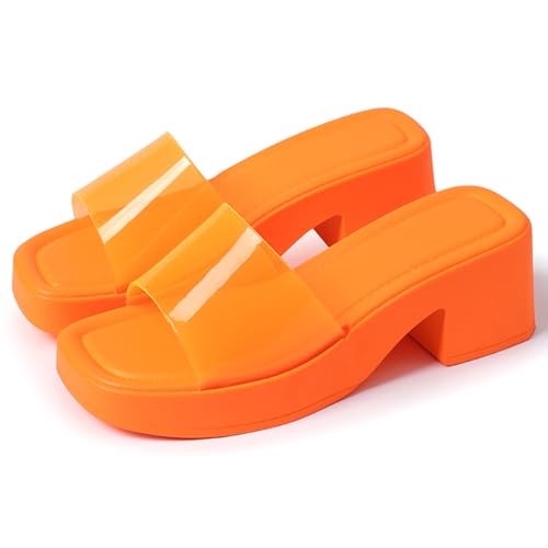 BWSEOBG Womens Translucent Jelly Platform Chunky Heel Sandals Square Open Toe Block Heel Slides Sandals Fashion Stylish Comfort Y2K Slippers for Indoor Party Prom (Orange 5)