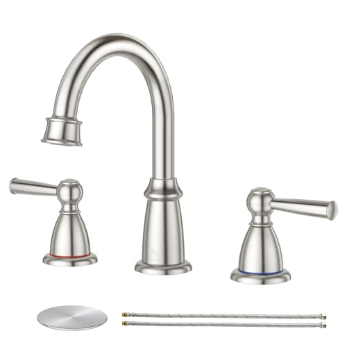 CREA 2 Handles Bathroom Faucet 3 Hole 8 Inch Widespread Bathroom Faucets with Pop Up Drain for Sink Overflow 3 Pieces Brushed Nickel Faucet for Bathroom Vanity Basin Mixer Tap(cPUC Supply Line)