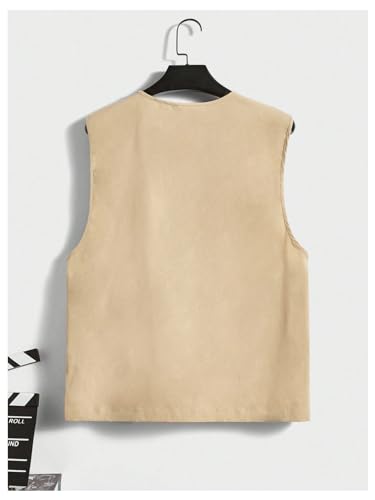 Image of OYOANGLE Men's Sleeveless V Neck Zip Up Cargo Vest Letter Patched Flap Pocket Vest Coat Outerwear