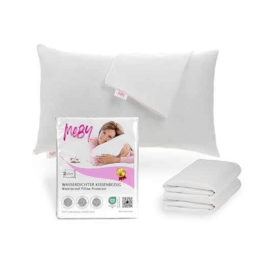 Set of 2 Waterproof Cotton Pillow Protectors with Hidden Zipper. Breathable Pillow Protector, Moisture Protection, Elastic