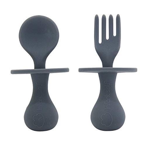 Infant Self Baby Spoon Fork Silicone Self Feeding Utensil Set Baby First Training Weaning for 6 Month Baby Toddler BPA Free Grey
