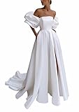 Bekvamlighet White Satin Wedding Dresses for Bride with Slit & Pockets Detachable Puffy Sleeves Bridal Gowns A Line Prom Dresses Long Ball Gowns US02