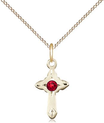 14kt Gold Filled Cross Pendant with a 3mm Faux Ruby Red Austrian Crystal stone on a 18 inch Gold Filled Light Curb Chain.
