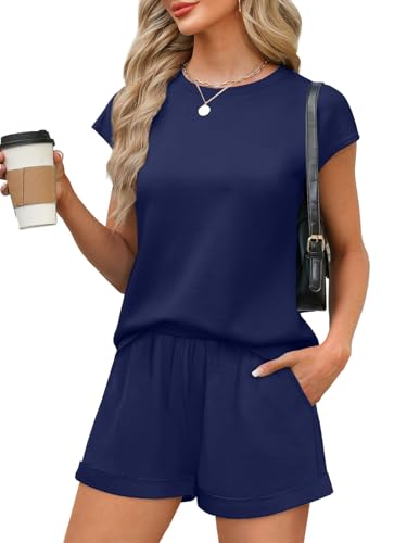Image of WIHOLL 2 Piece Sets for Women Casual Summer Travel Vacation Outfits Cap Sleeve Shorts Lounge Set