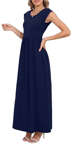 Image of DB MOON Womens 2026 Maxi Dresses Empire Waist Long Summer Dress Casual Cap Short Sleeve Sundress with Pockets