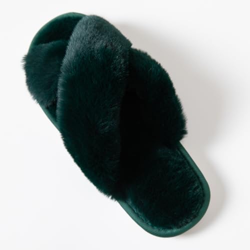 Image of Women's Cross Band Fuzzy Slippers Fluffy Open Toe House Slippers