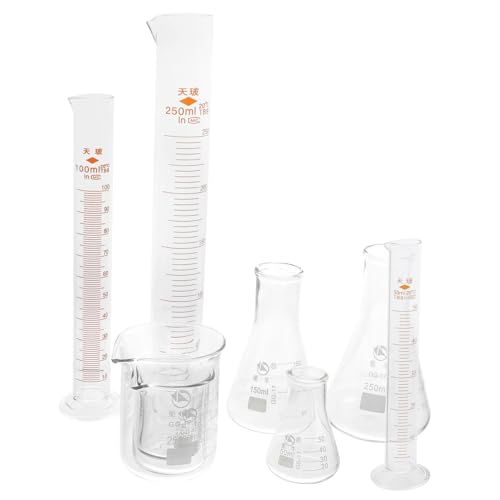 NAMOARLY Accurate Measurement Glass Lab Set 9pc Beaker Sets Graduated Cylinders Measuring Cup Conical Flask Sturdy for School Lab Experiments