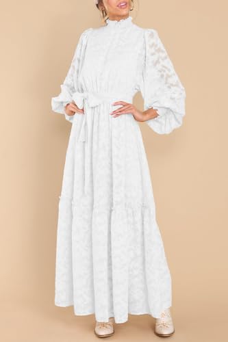 MITILLY Women's Fall Dresses Elegant Floral High Neck Long Sleeve Elastic Waist Formal Maxi Dress with Belt2