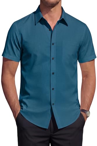HISDERN Camisa Manga Corta Hombre Vestir Formal Elástica Sin Plancha Camisas de Verano Casual Trabajo Business Regular Fit con Botones y Bolsillo Verde Turquesa L