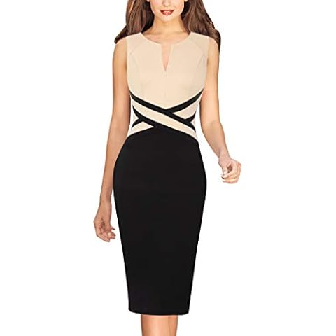 Vfshow Womens Front Zipper Work Office Business Cocktail Party Bodycon Pencil Dress, Beige and Black (Sleeveless), XX-Large Cover