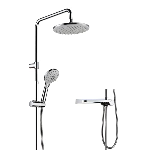 CECIPA Colonne de Douche Sans Robinetterie avec étagère, Ensemble de Douche Rond pour Salle de Bain en Acier Inoxydable, 3 Modes de Pulvérisation d'Eau, Hauteur Réglable, Chromé