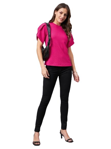 Women Solid Fuchsia Pink Poly Knit Smart Casual Regular Top