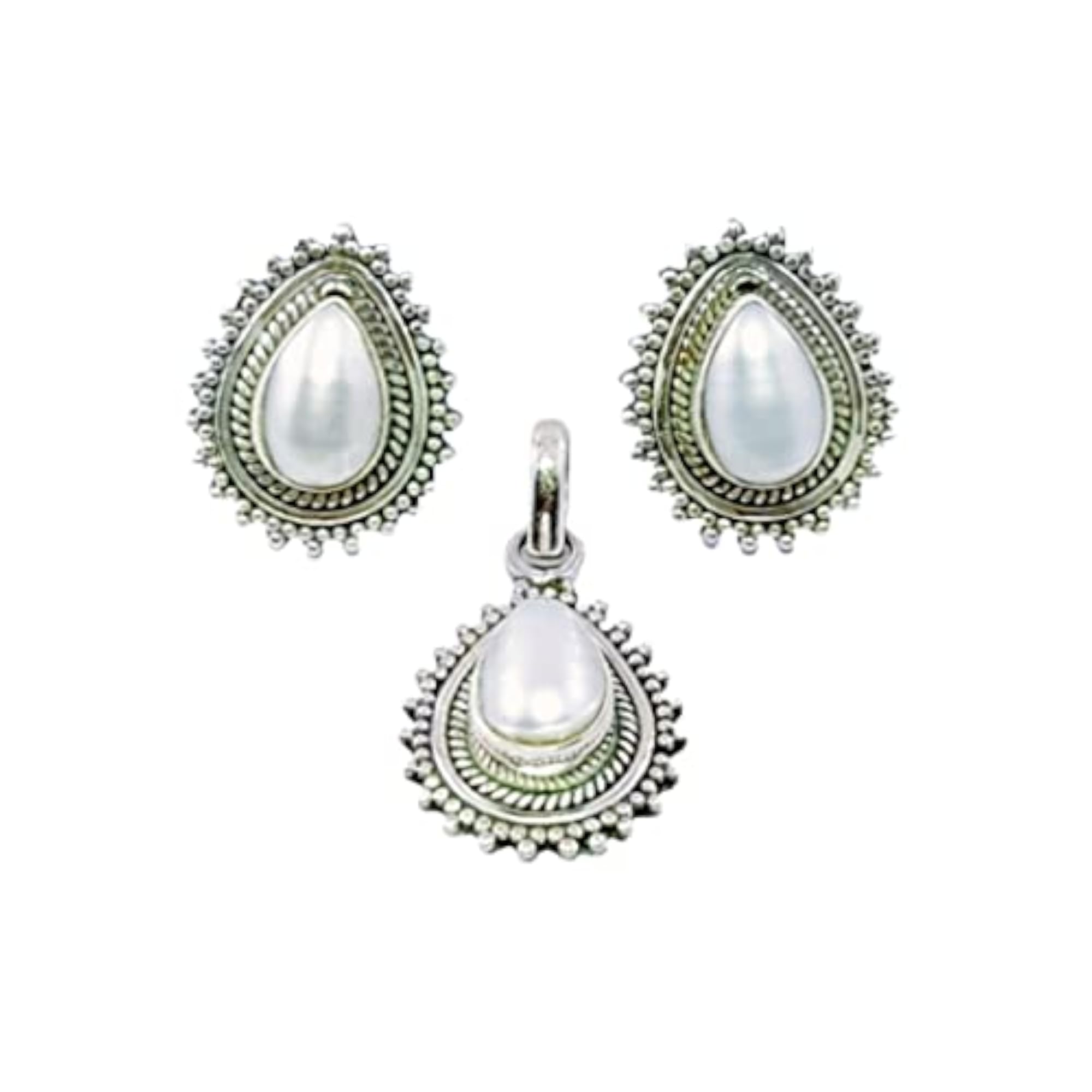 Paan Shape Rawa Work Pendant Set with Ruby, Emerald, Onyx, Pearl, Silver