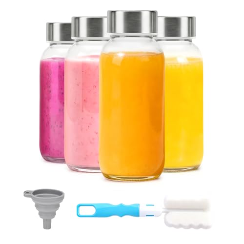 Image of Luxfuel 8 oz Glass Juice Bottles 4 Pack with Lid, Leak Proof Glass Bottle | Reusable Clear Glass Bottle with Stainless Steel Lids for Juice Shots, Smoothies, Wellness Drinks, Fridge & Dishwasher Safe