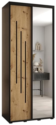 MEBLE KRYSPOL Cannes 9 Moderner Schrank mit 2 Schiebetüren mit Kleiderstange, Regalen und Spiegel - Aufbewahrungsschrank für Schlafzimmer, Wohnzimmer - 205,2x100x45 cm - Schwarz Artisan Schwarz
