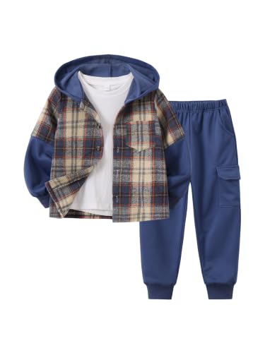 Image of 2Pcs Kids Boys Flannel Plaid Shirt Tops Pants Set Hoodie Sweatsuit for Fall Winter Spring Outfits 4-12 Years