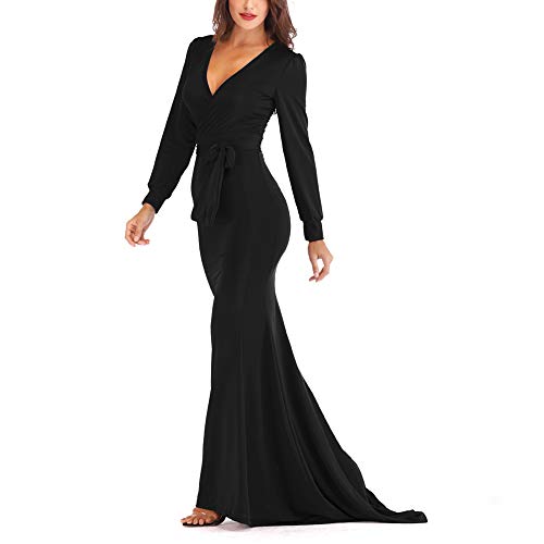 Women's Mermaid V-Neck Long Sleeve Halloween Party Maxi Dress With Belt, Black, Small #TOP3
