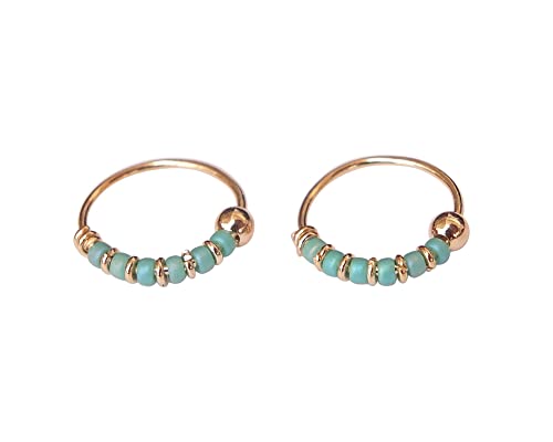 Pair Of Small 10Mm Gole Plated Over Sterling Silver Turquoise Color Beaded Helix, Cartilage, 2Nd Ear Piercing | Miya Jewelry Handmade Dainty Hoops #TOP3