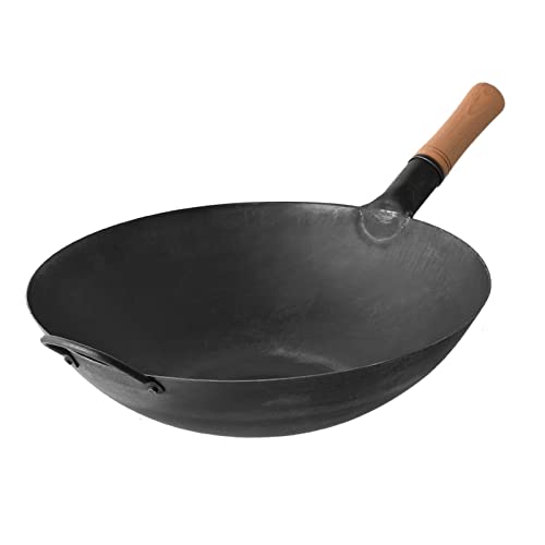 Carbon Wok Pan Chinese Wok with Flat Bottom Wok Black (Size- 13.5 inch)