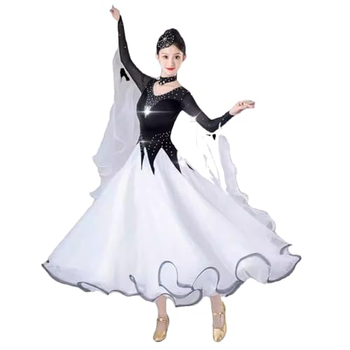 purpleq Vestido de Baile de Competencia Estándar de Vals, Tango y Moderno con Falda Grande de Swing de Pedrería para Baile de Gala y Fiesta,Blanca,XXL