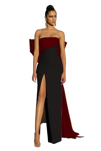 Sevintage Satin Tube Top Prom Dress for Women Long Pleated Formal Evening Party Gown with Bow