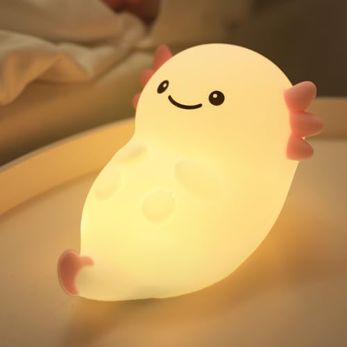 Image of Cute Axolotl Night Light, Dimmable Nursery Lamps, Super Squishy Silicone Timer USB Rechargeable Touch Control RGB Night Lamp for Kids Adults, Used for Camping Party Room Decor (Axolotl)