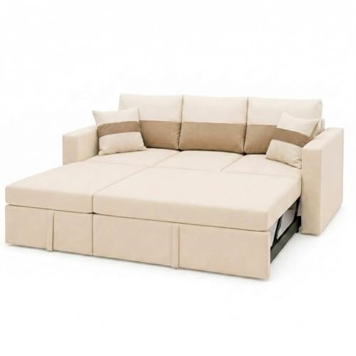 Image of FURNY Soria 4 Seater LHS Lounger Sofa Cum Bed (Cream-Beige) with Pull-Out Function | Luxury Velvet Suede Finish | Durable Comfort | Ideal for Living Room