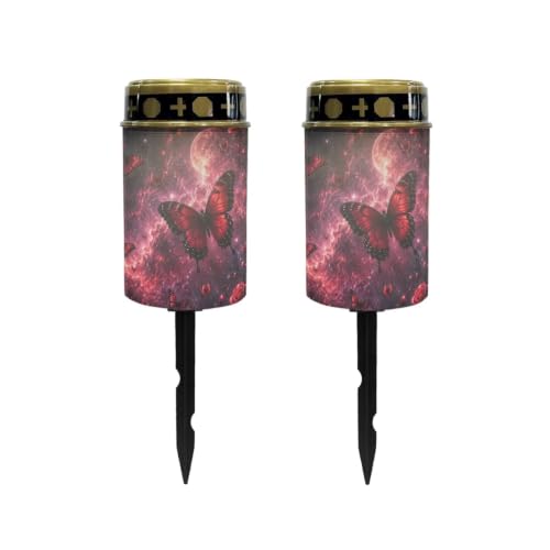 Image of Poceacles Outdoor Solar Lights Solar Grave Candle Outdoor Waterproof Cemetery LED Candles for Cemetery Lawn Porch Outside Decoration, Butterfly Rose Galaxy Moon Red, Pack of 2