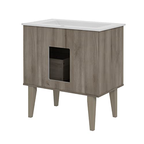 Hulala Home 30'' Bathroom Vanity Sink Combo With 1-Drawer & Wood Legs, Modern Freestanding Bathroom Vanity, Single Faucet Hole White Ceramic Sink, Maple #TOP3