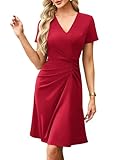 Amoretu Damen Cocktailkleid Kuzarm Knielang Kleid A Linie Elegantes Wickelkleid (Rot, L)