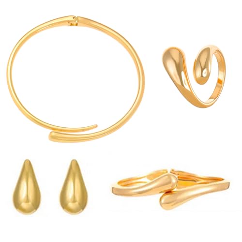 Juegos de Joyas Mujer 14K Chapado en Oro Grueso Lágrima Collar Pendientes Pulsera y Anillo Gota de Agua Conjuntos de Joyas Ajustable Moda Joyería Regalos para Señoras para Ocasiones Especiales