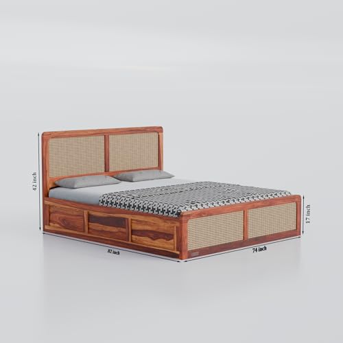 Image of DRIFTINGWOOD Amber Solid Sheesham Wood King Size Bed with Box Storage | Rattan Cane Headboard & Footboard | Carved Edges | Honey Finish (Self Assembly Required)