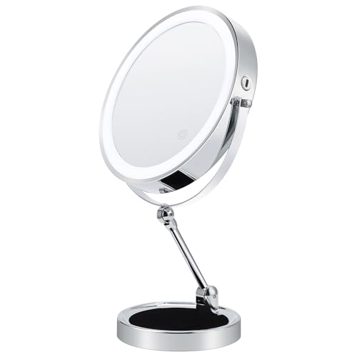 9" Lighted Makeup Mirror,1X/10X Magnifying Vanity Mirror with Height & Brightness Adjustable,Rechargable Makeup Mirror,360°Rotation Double Sided Standing Desk Mirror (Polish Chrome)