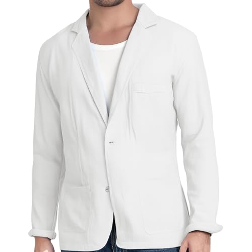 Men's Cotton Linen Blazer Jacket Solid Notch Lapel Blazer Suit Lightweight Slim Fit Simple Suit Coat with Pockets