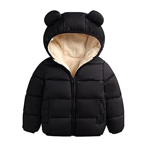 Muineobuka Baby Boys Girls Kids Cute Hooded Jackets Winter Warm Zip Up Fleece Lined Coat Outerwear Clothes Outfit, Black, 3-4 Years Cover